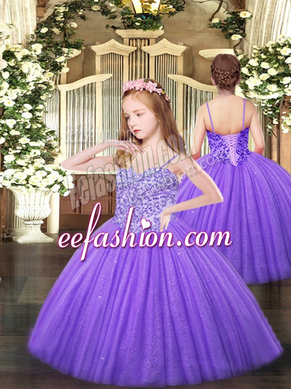  Lavender Lace Up Spaghetti Straps Appliques Little Girl Pageant Gowns Tulle Sleeveless
