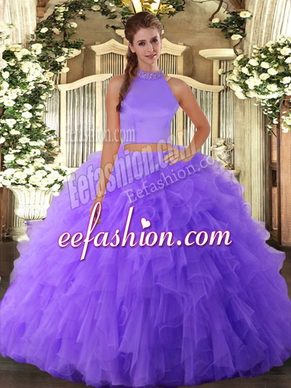 Pretty Tulle Halter Top Sleeveless Backless Beading and Ruffles Quince Ball Gowns in Lavender