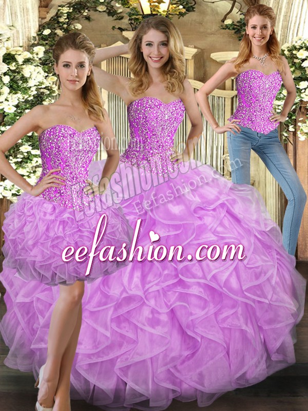 Glittering Lilac Ball Gown Prom Dress Military Ball and Sweet 16 and Quinceanera with Beading and Ruffles Sweetheart Sleeveless Lace Up