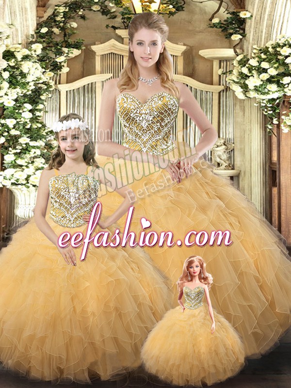 Designer Floor Length Lace Up Sweet 16 Dress Gold for Military Ball and Sweet 16 and Quinceanera with Beading and Ruffles