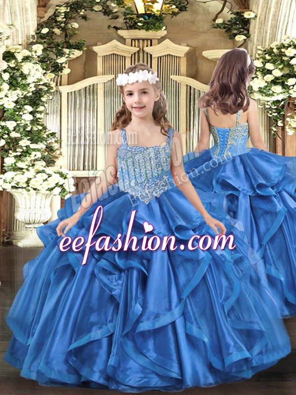 Top Selling Ball Gowns Pageant Dresses Baby Blue Straps Organza Sleeveless Floor Length Lace Up