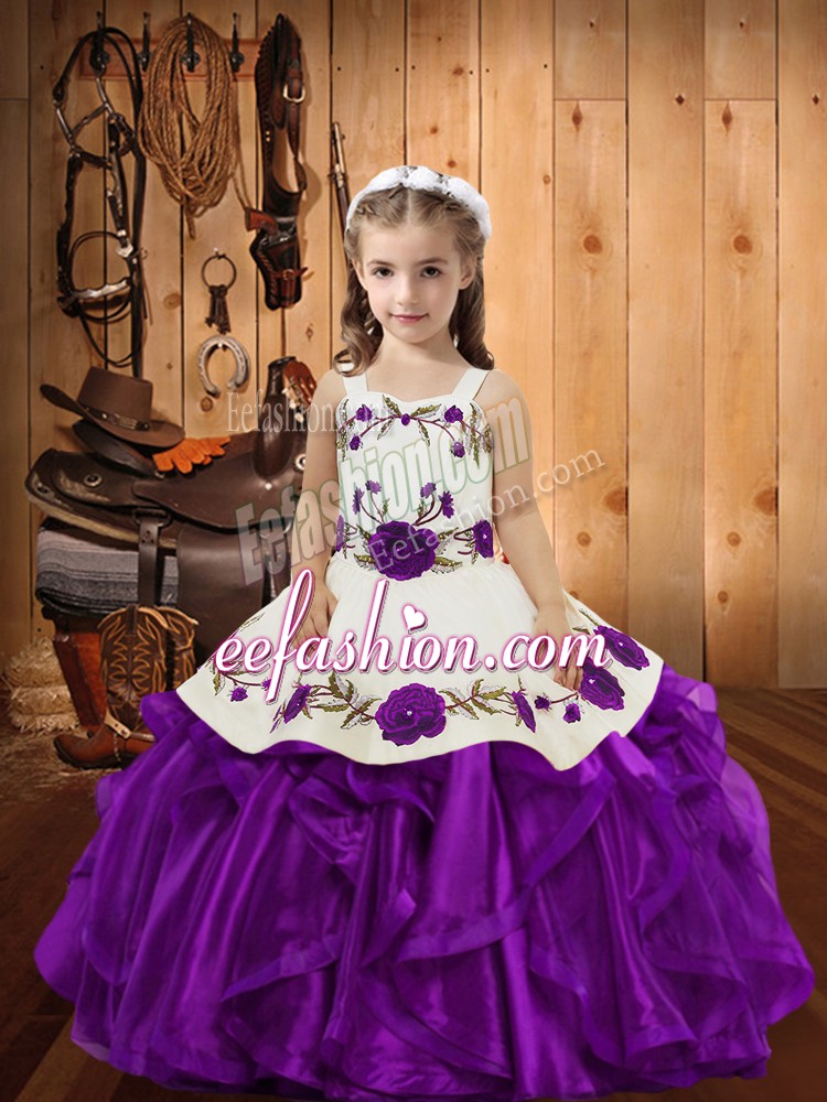  Purple Kids Pageant Dress Sweet 16 and Quinceanera with Embroidery and Ruffles Straps Sleeveless Lace Up