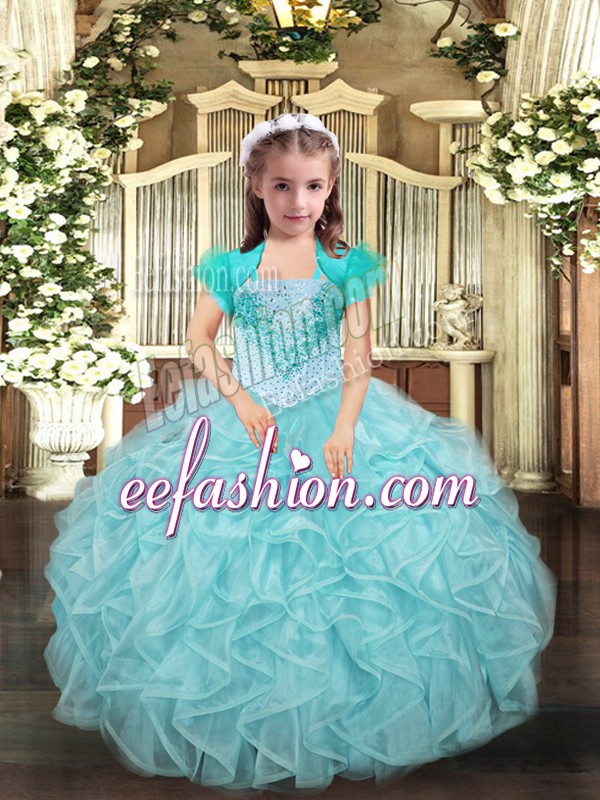  Aqua Blue and Apple Green Little Girl Pageant Gowns Party and Sweet 16 and Quinceanera and Wedding Party with Beading and Ruffles Straps Sleeveless Lace Up