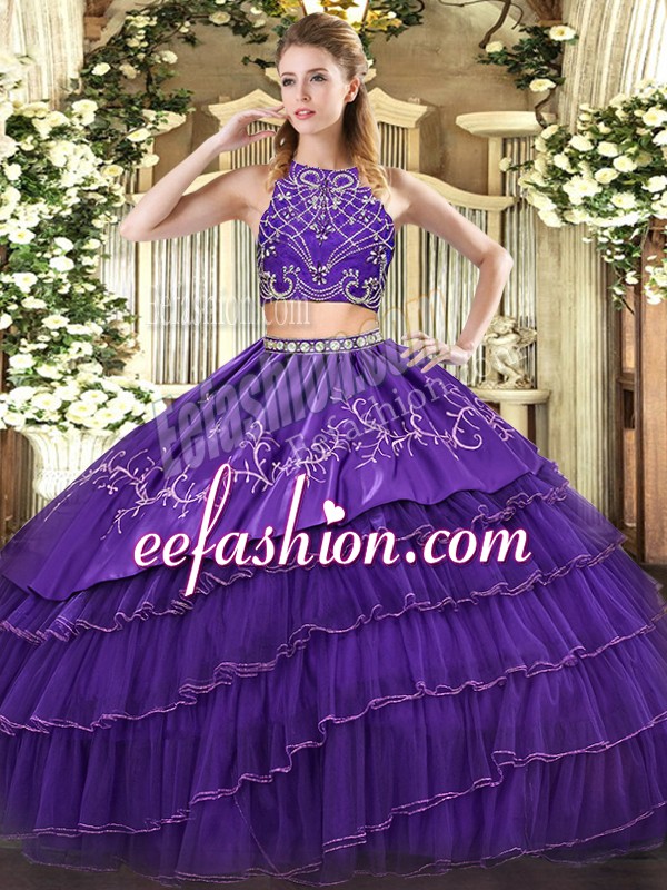 Spectacular Floor Length Purple 15th Birthday Dress Tulle Sleeveless Beading and Embroidery and Ruffled Layers