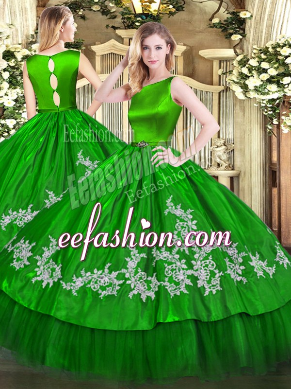 Elegant Green Sleeveless Satin and Tulle Clasp Handle Vestidos de Quinceanera for Military Ball and Sweet 16 and Quinceanera