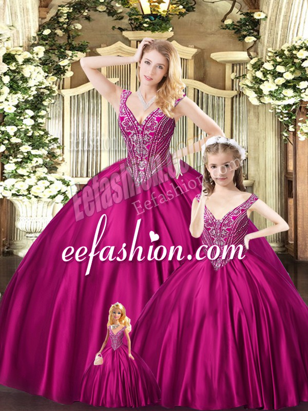 Glittering Fuchsia Sleeveless Organza Lace Up Sweet 16 Quinceanera Dress for Military Ball and Sweet 16 and Quinceanera