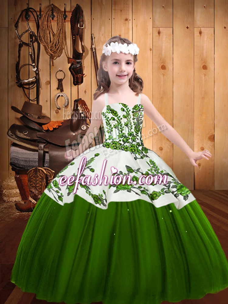Modern Green Tulle Lace Up Straps Sleeveless Floor Length Pageant Dress Toddler Embroidery