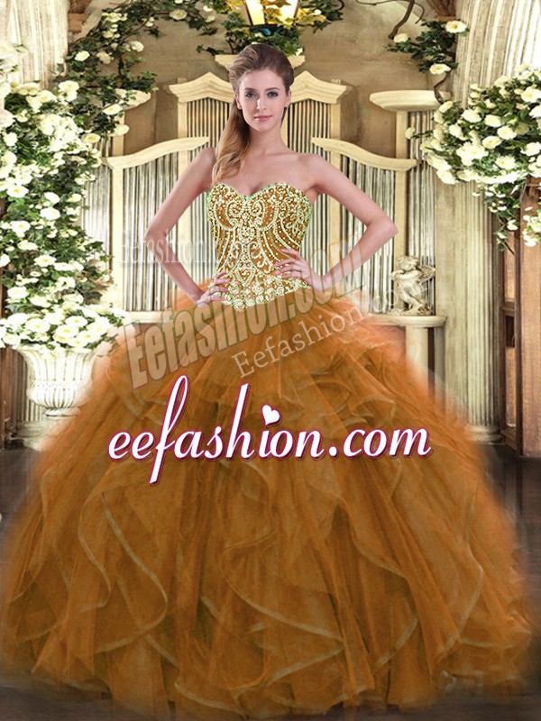 Beautiful Brown Sweet 16 Dresses Military Ball and Sweet 16 and Quinceanera with Beading Sweetheart Sleeveless Lace Up