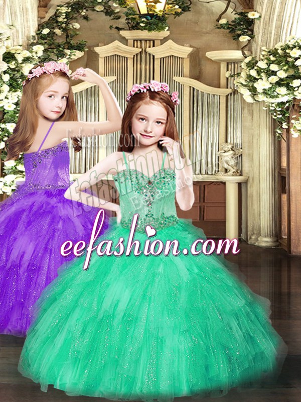 Dazzling Floor Length Lace Up Little Girls Pageant Gowns Turquoise for Party and Quinceanera with Beading and Ruffles