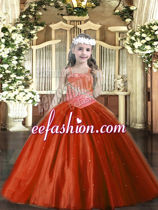  Rust Red Lace Up Child Pageant Dress Beading Sleeveless Floor Length