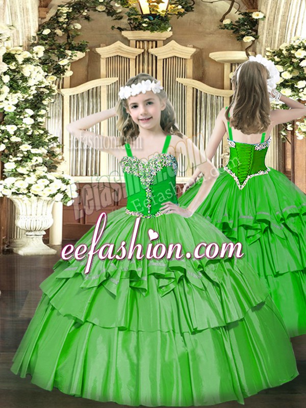 Lovely Straps Sleeveless Pageant Dress Floor Length Beading and Ruffled Layers Green Organza