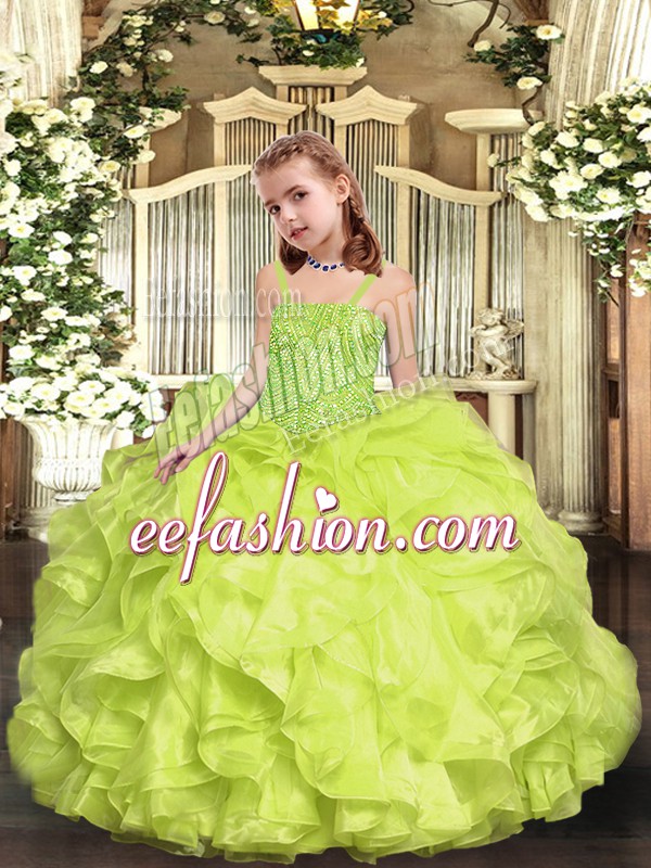  Sleeveless Floor Length Beading and Ruffles Lace Up Pageant Dress for Teens with Yellow Green