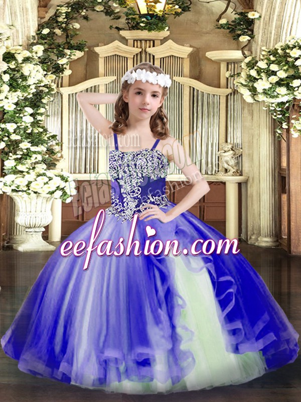  Appliques Girls Pageant Dresses Blue Lace Up Sleeveless Floor Length