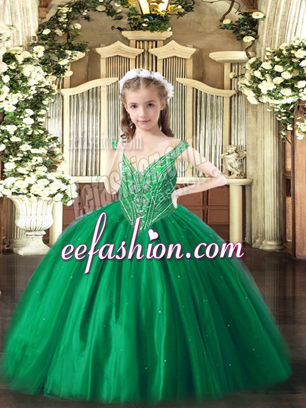  Green Ball Gowns Beading Evening Gowns Lace Up Tulle Sleeveless Floor Length