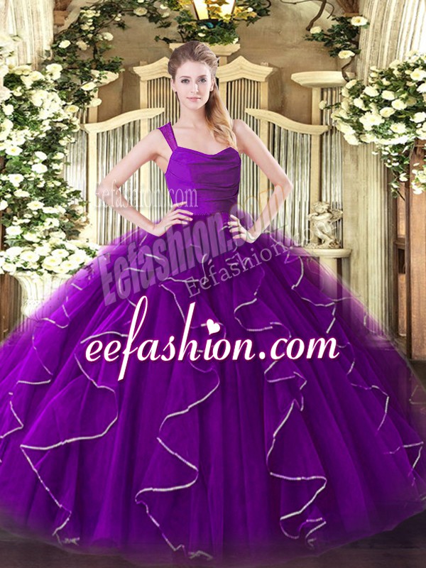  Eggplant Purple Sleeveless Organza Zipper Ball Gown Prom Dress for Military Ball and Sweet 16 and Quinceanera