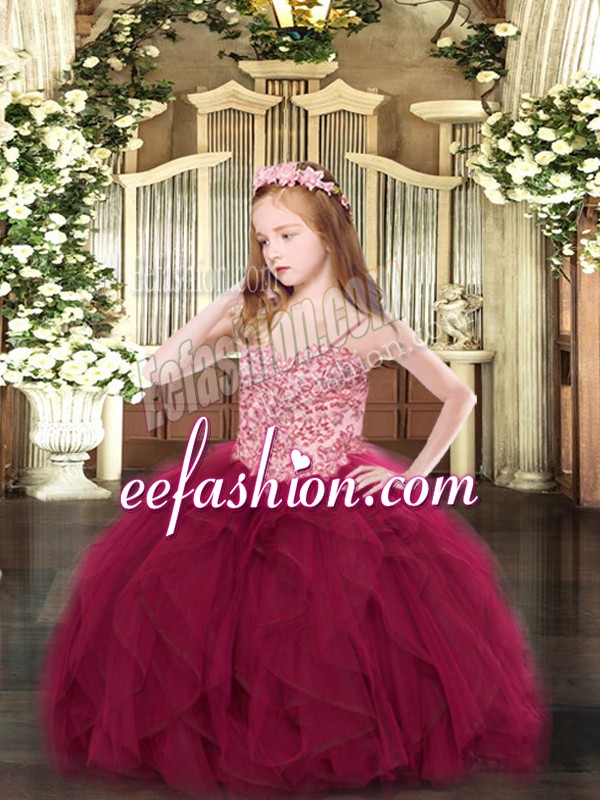 Excellent Spaghetti Straps Sleeveless Pageant Dresses Floor Length Appliques and Ruffles Wine Red Tulle