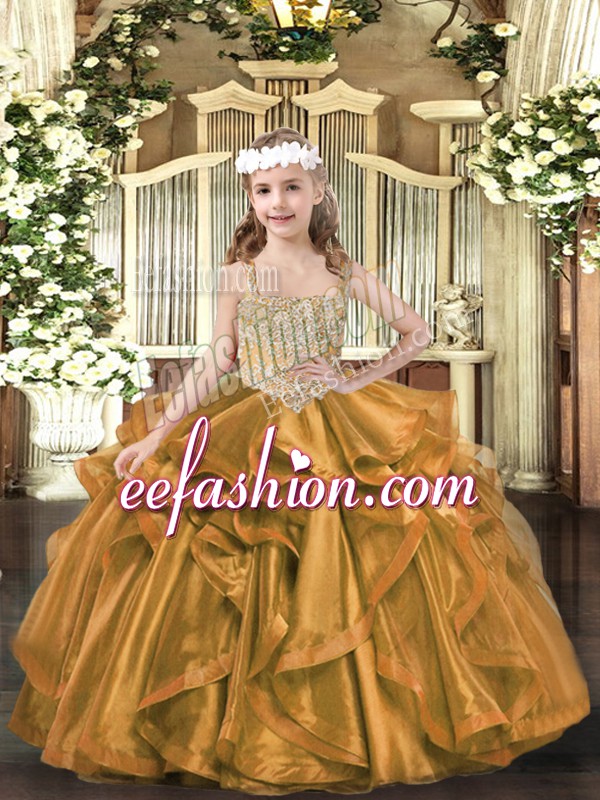 Gorgeous Brown Ball Gowns V-neck Sleeveless Organza Floor Length Lace Up Beading and Ruffles Little Girl Pageant Dress