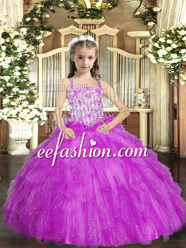Modern Lilac Lace Up Straps Beading and Ruffles Girls Pageant Dresses Organza Sleeveless