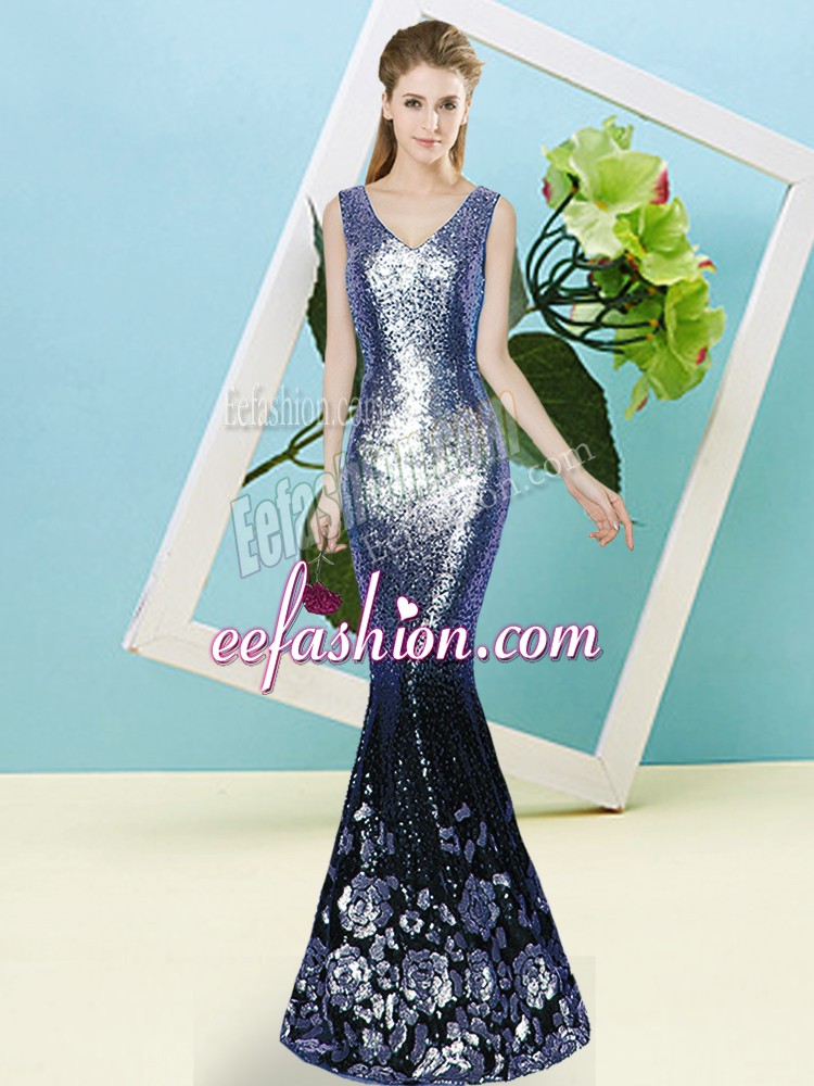Enchanting Blue Sequined Zipper V-neck Sleeveless Floor Length Prom Evening Gown Sequins