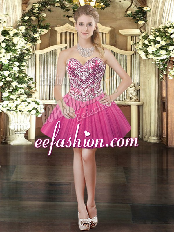  Ball Gowns Evening Dress Hot Pink Sweetheart Tulle Sleeveless Mini Length Lace Up