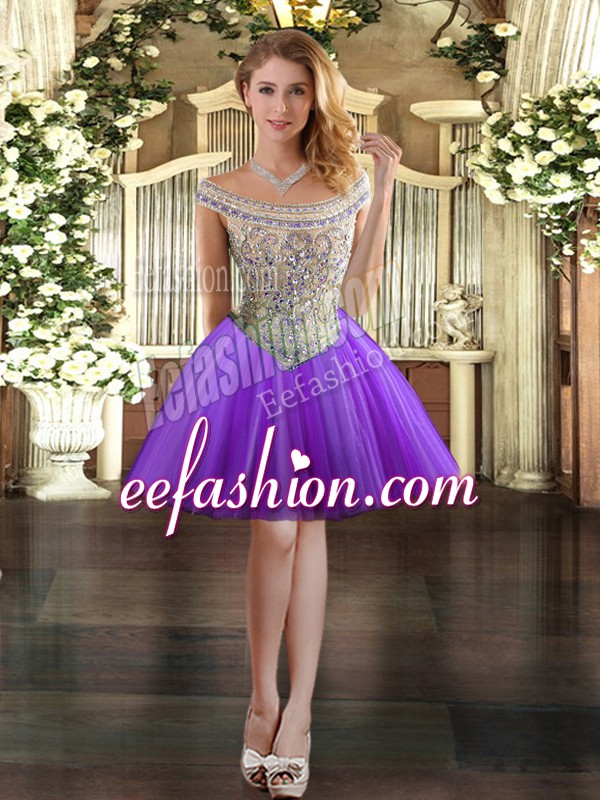Fashion Eggplant Purple Ball Gowns Tulle Off The Shoulder Sleeveless Beading Mini Length Lace Up Prom Dresses