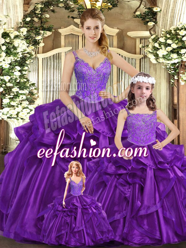  Purple Lace Up Straps Beading and Ruffles Quinceanera Gown Organza Sleeveless