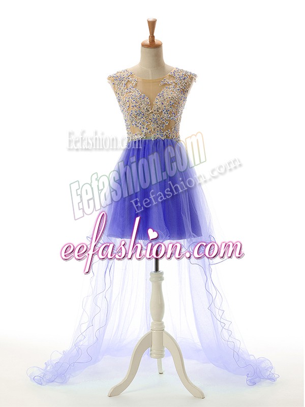  Blue Sleeveless Appliques High Low Homecoming Dress