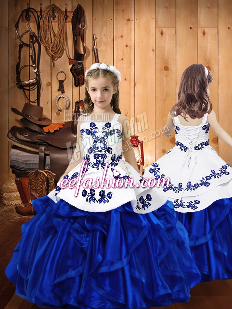 Beauteous Royal Blue Little Girl Pageant Gowns Sweet 16 and Quinceanera with Embroidery and Ruffles Straps Sleeveless Lace Up