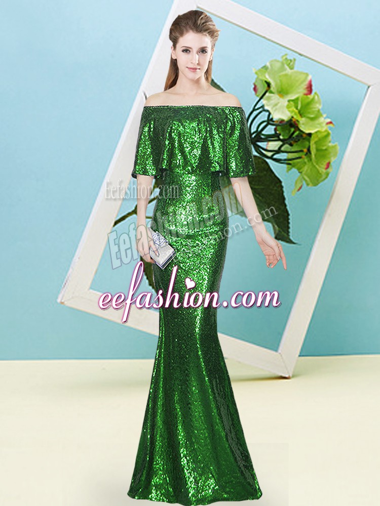  Dark Green Half Sleeves Floor Length Sequins Zipper Prom Evening Gown