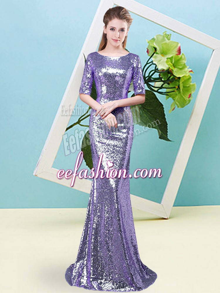 Enchanting Lavender Mermaid Sequined Scoop Half Sleeves Sequins Floor Length Zipper Prom Dress