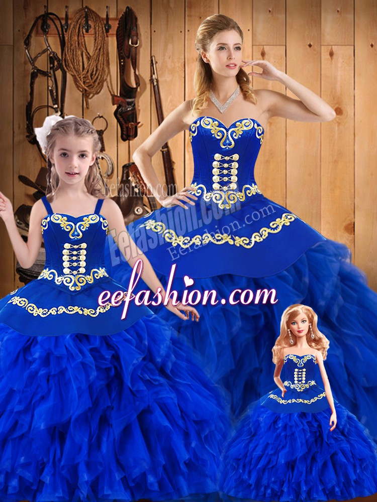 Glamorous Sleeveless Floor Length Embroidery and Ruffles Lace Up Sweet 16 Dress with Royal Blue