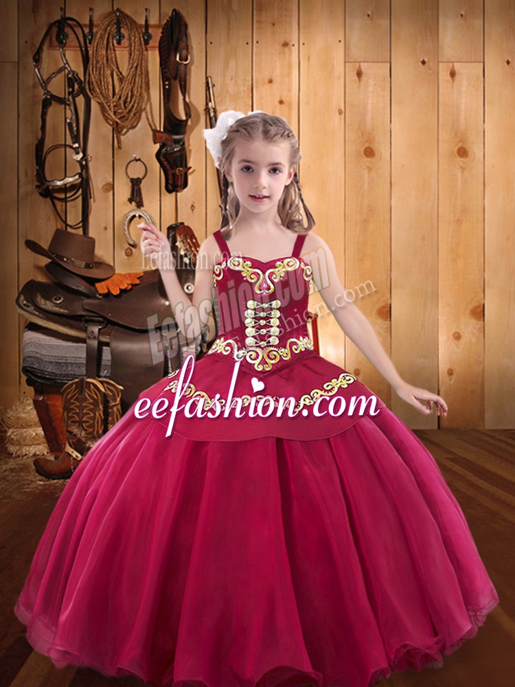  Floor Length Red Little Girls Pageant Gowns Straps Sleeveless Lace Up