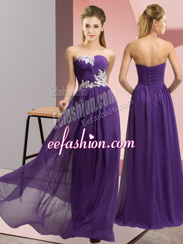  Sweetheart Sleeveless Evening Dress Floor Length Appliques Purple Chiffon