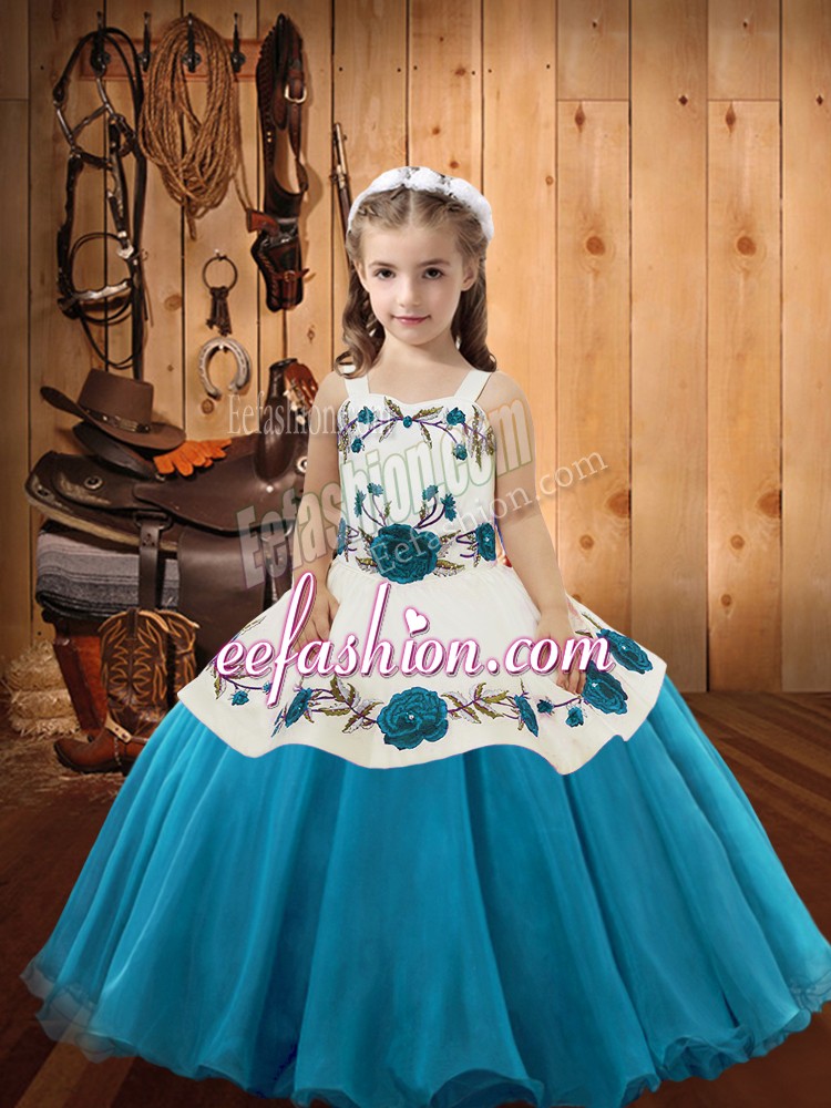  Teal Straps Neckline Embroidery Pageant Gowns For Girls Sleeveless Lace Up