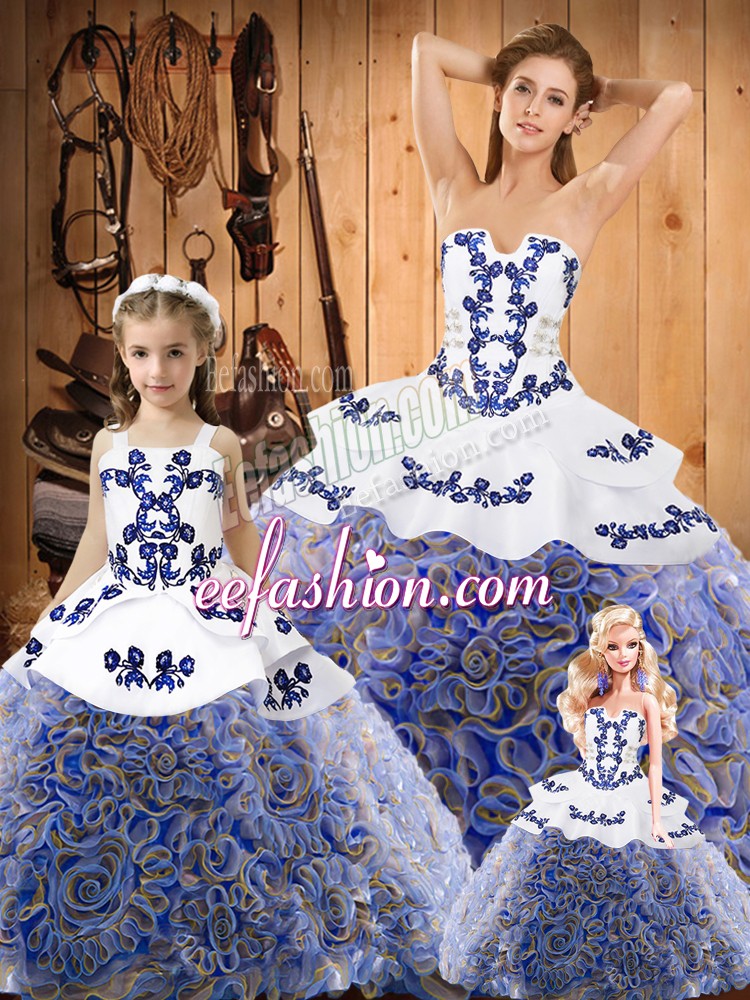  Sleeveless Embroidery Lace Up Quinceanera Dress with Multi-color Sweep Train