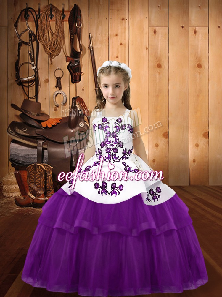  Eggplant Purple Ball Gowns Beading and Embroidery Little Girl Pageant Dress Lace Up Tulle Sleeveless Floor Length