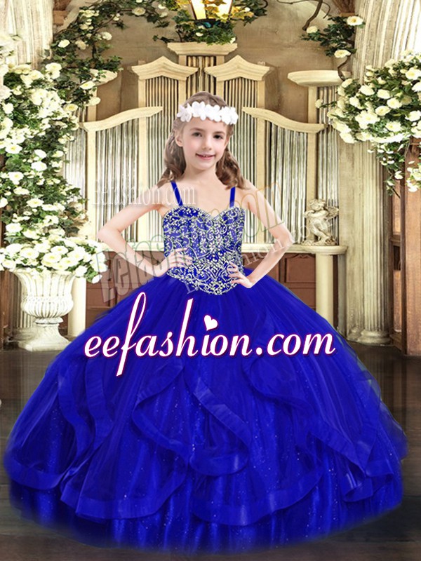  Royal Blue Tulle Lace Up Straps Sleeveless Floor Length Custom Made Pageant Dress Beading and Ruffles