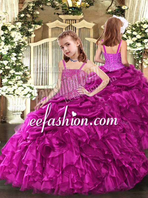  Straps Sleeveless Organza Girls Pageant Dresses Beading and Ruffles Lace Up