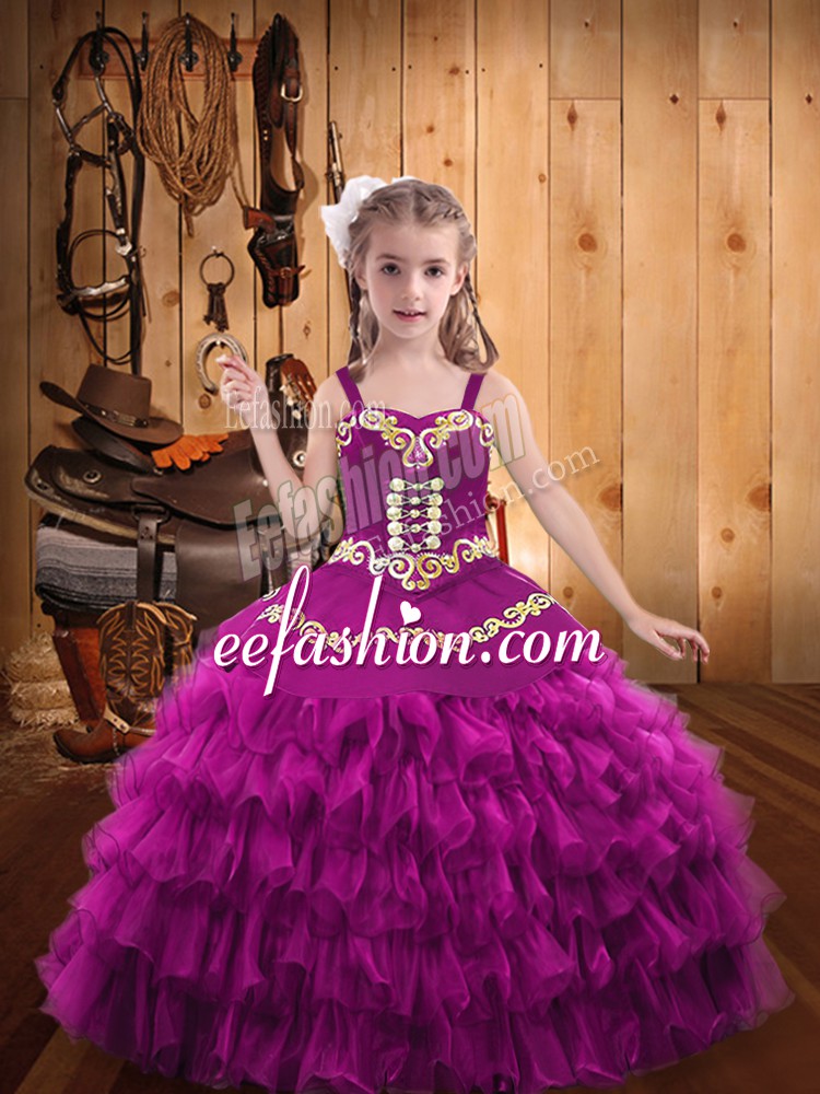 Beautiful Fuchsia Straps Lace Up Embroidery and Ruffled Layers Little Girls Pageant Dress Wholesale Sleeveless