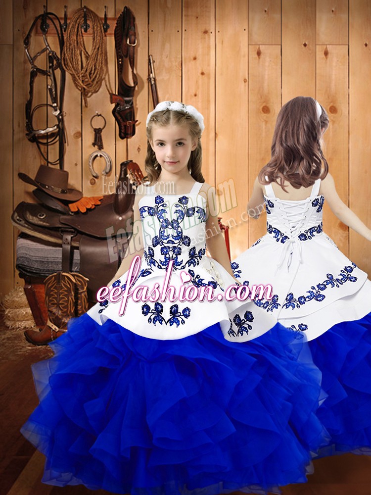  Straps Sleeveless Lace Up Little Girl Pageant Gowns Royal Blue Organza