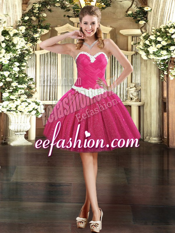 Suitable Fuchsia Sleeveless Mini Length Appliques Lace Up Prom Gown