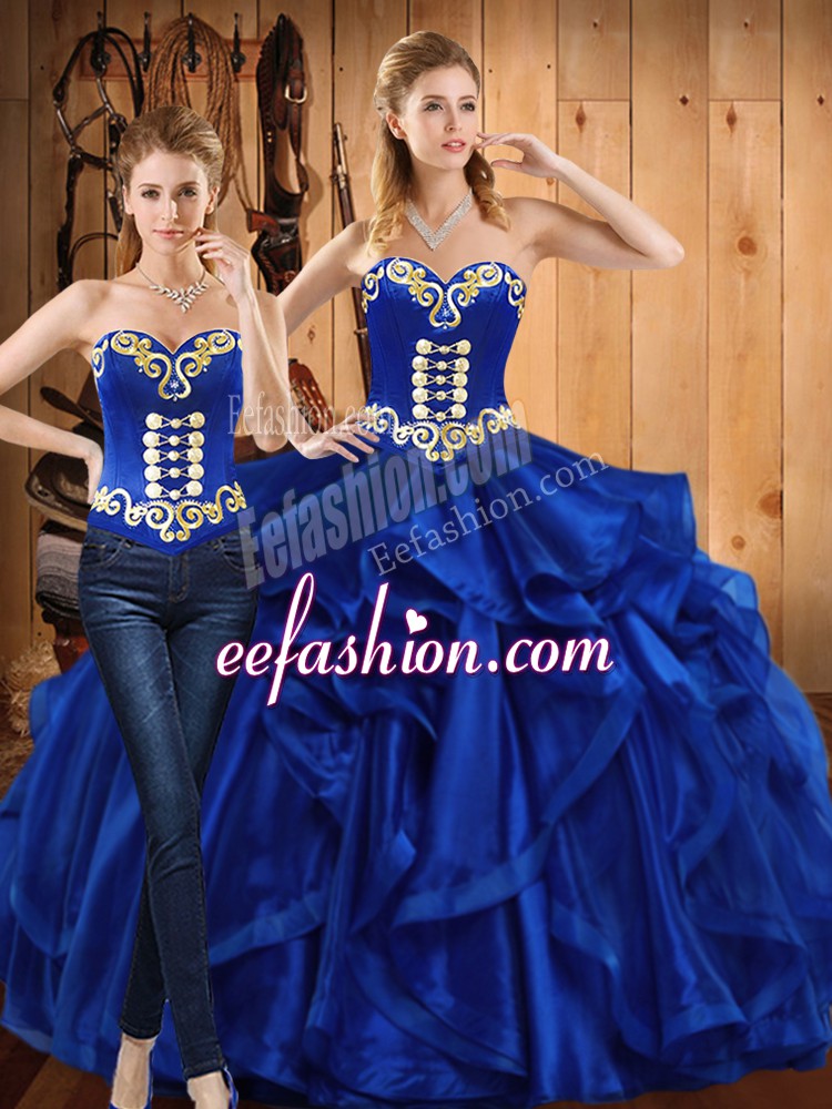  Floor Length Royal Blue 15 Quinceanera Dress Organza Sleeveless Embroidery and Ruffles