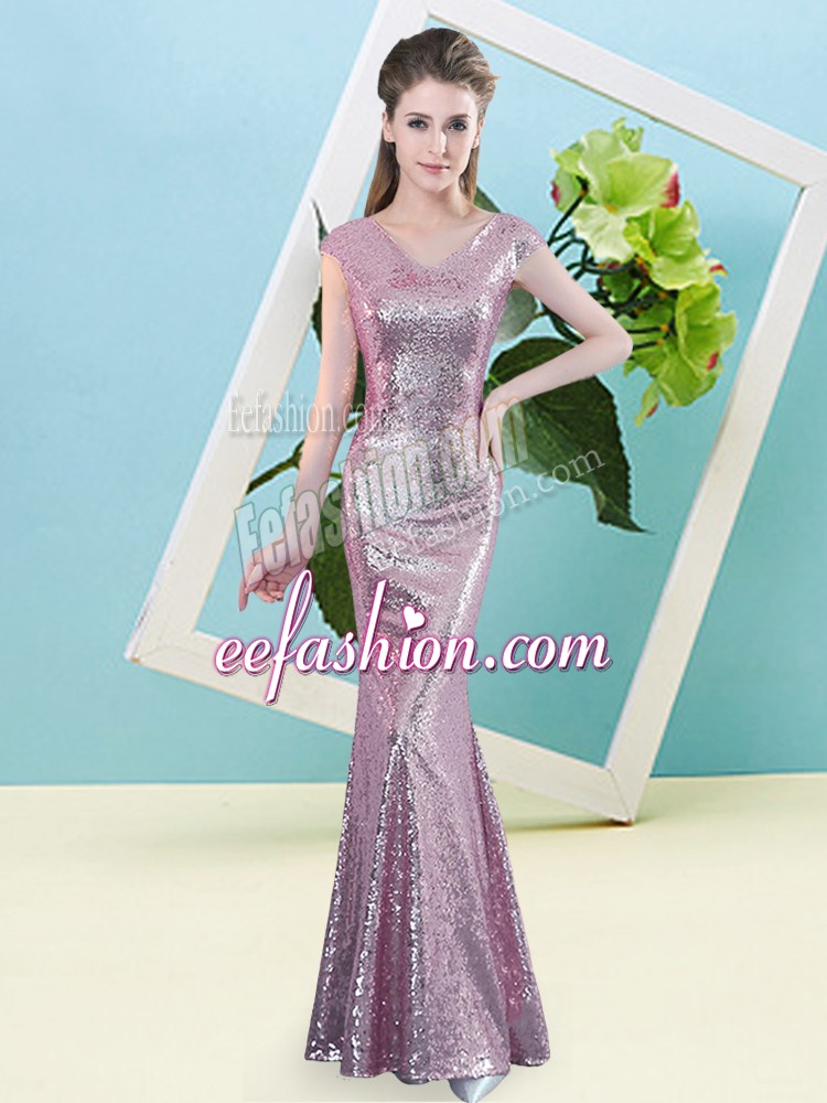 Fantastic Lilac Sequined Zipper Prom Gown Cap Sleeves Floor Length Sequins