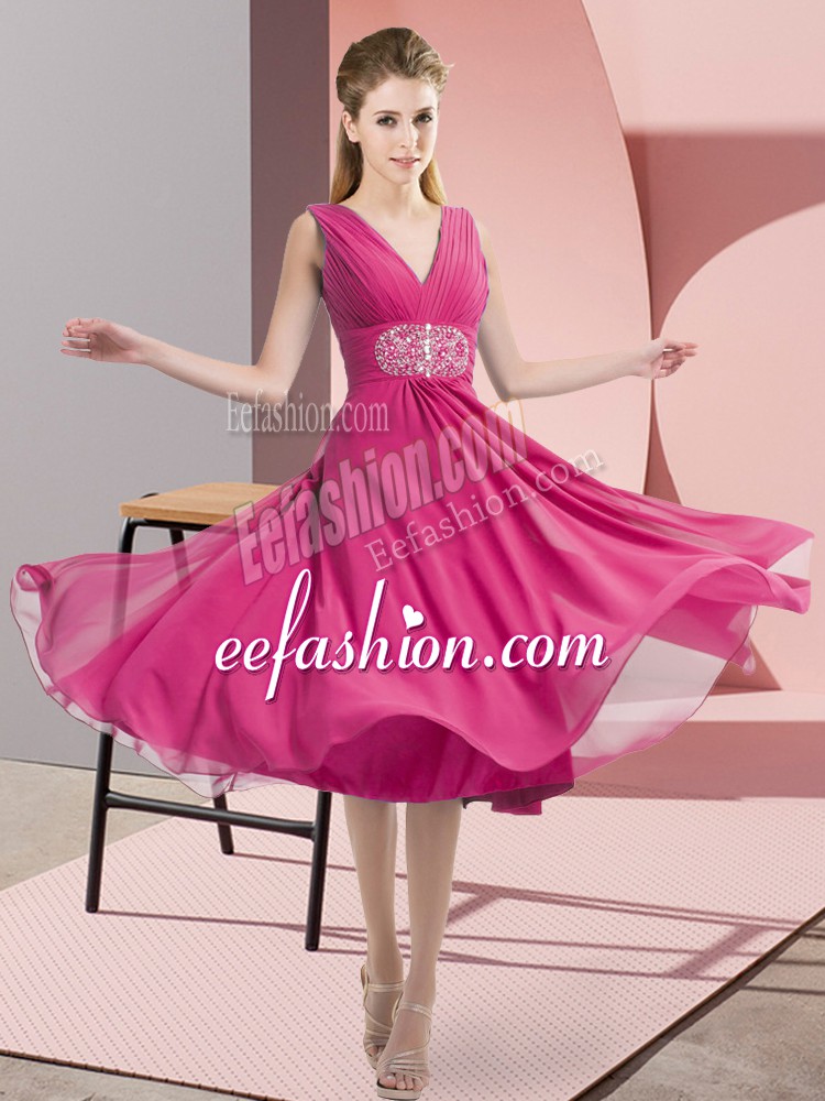 Stylish Hot Pink Side Zipper V-neck Beading Dama Dress Chiffon Sleeveless