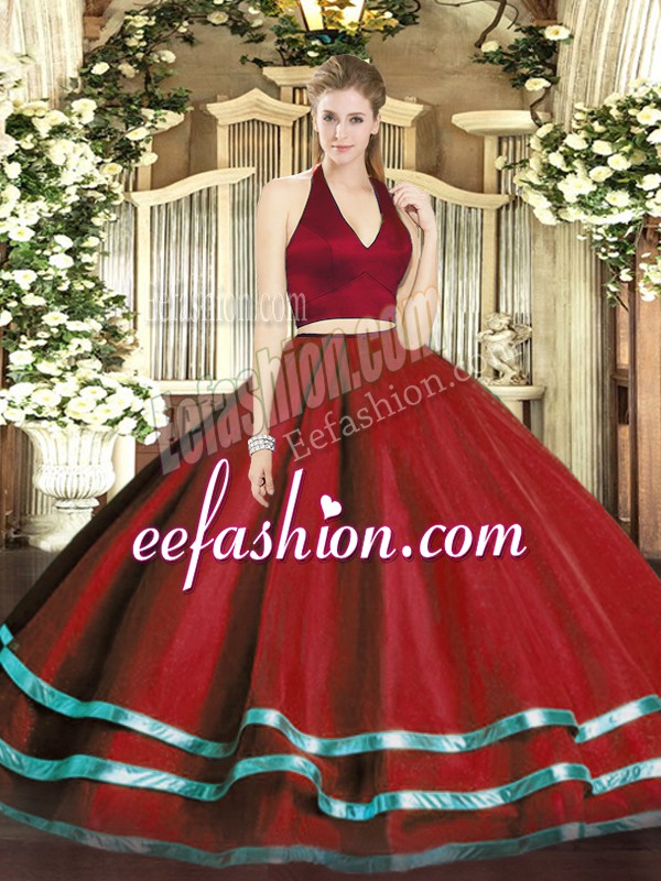 Custom Made Floor Length Zipper Quinceanera Gown Wine Red for Military Ball and Sweet 16 and Quinceanera with Ruffled Layers