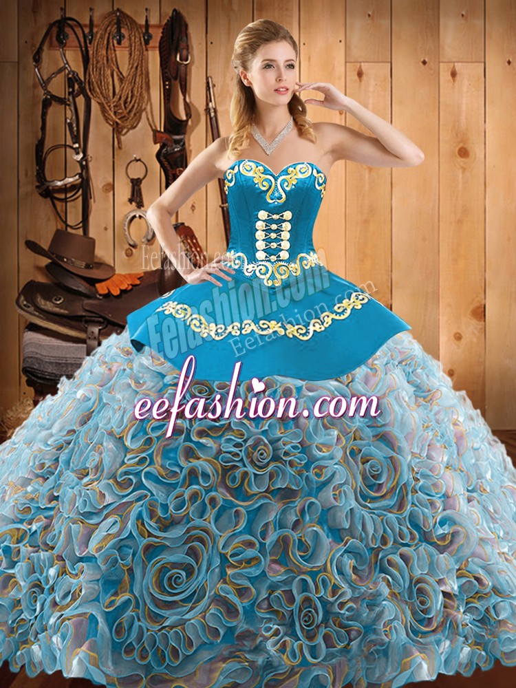 Latest Satin and Fabric With Rolling Flowers Sweetheart Sleeveless Sweep Train Lace Up Embroidery Quinceanera Gown in Multi-color