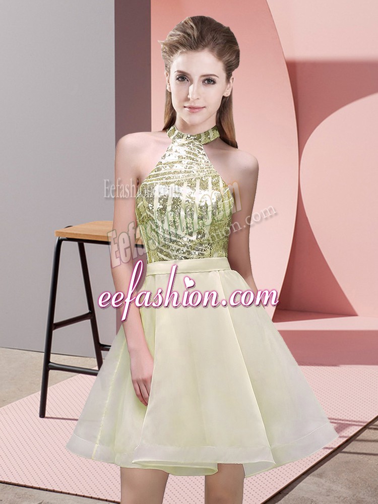  Light Yellow Dama Dress for Quinceanera Prom and Party and Wedding Party with Sequins Halter Top Sleeveless Backless