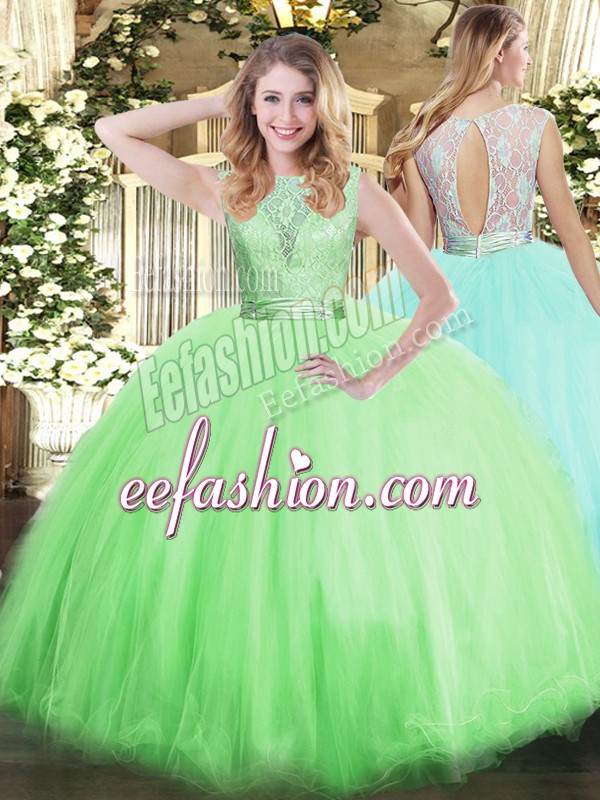 Charming Tulle Backless Ball Gown Prom Dress Sleeveless Floor Length Lace
