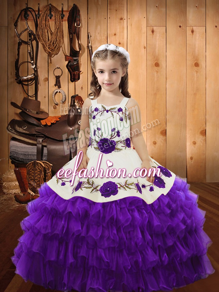  Eggplant Purple Organza Lace Up Straps Sleeveless Floor Length Girls Pageant Dresses Embroidery and Ruffled Layers