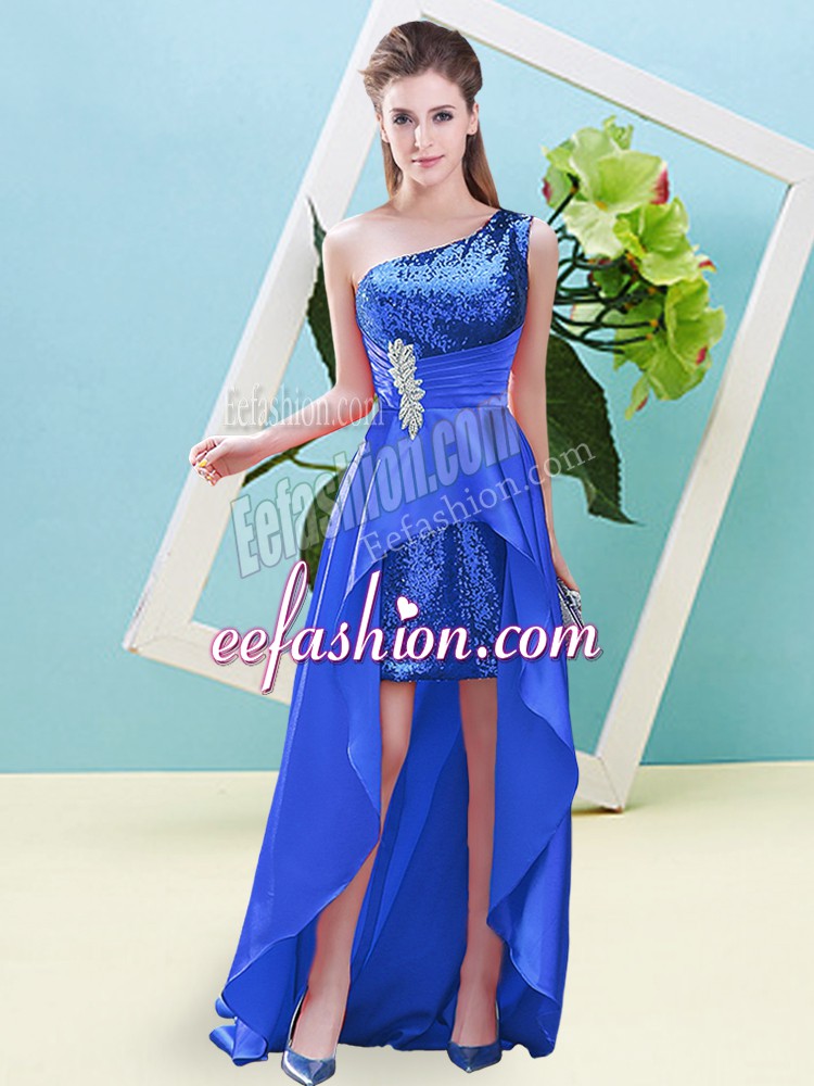  Sleeveless Lace Up High Low Beading and Sequins Prom Gown